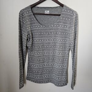 32 Degrees Heat Long Sleeve Top T-Shirt Gray Snowflake Striped White Print